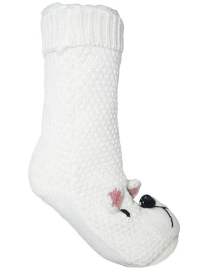 Ladies Felicity Borg Lined Polar Bear 3D Knitted Slipper Socks in Cream