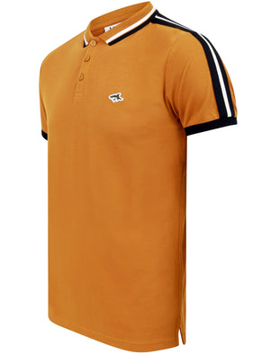Crown Cotton Pique Polo Shirt with Racer Stripe Sleeves In Buckthorn Brown - Le Shark