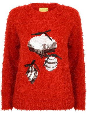 Baubles Sequin Novelty Christmas Jumper In Red - Merry Christmas