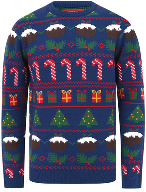 Candy Pudding Wallpaper Print Novelty Christmas Jumper in Sapphire - Merry Christmas