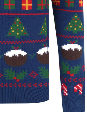 Candy Pudding Wallpaper Print Novelty Christmas Jumper in Sapphire - Merry Christmas