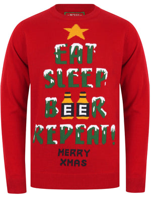 Eat Sleep Beer Repeat Motif Novelty Christmas Jumper in George Red - Merry Christmas