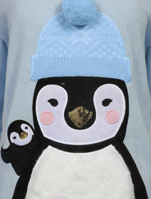 Penguin + Hat Knitted Christmas Jumper in Sky Blue - Merry Christmas