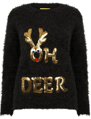 Oh Deer Sequin Novelty Christmas Jumper In Black - Merry Christmas