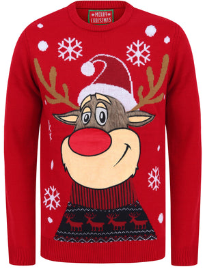 Rudolph the Reindeer Motif LED Light Up Novelty Christmas Jumper in George Red - Merry Christmas