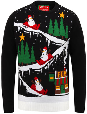 To The Pub Motif Novelty Christmas Jumper in Black - Merry Christmas