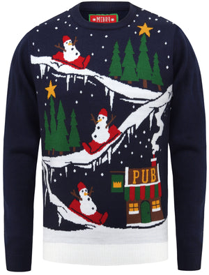 To The Pub Motif Novelty Christmas Jumper in Eclipse Blue - Merry Christmas