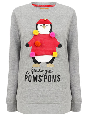 Women's Xmas Pom Pom Penguin Motif Novelty Christmas Sweatshirt In Light Grey Marl