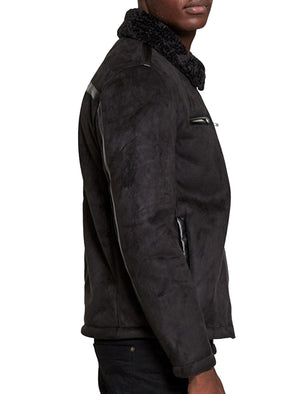 Rufus Faux Suede Fur Lined Aviator Jacket in Black