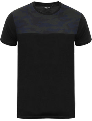 Rikki Camouflage Print Yoke Crew Neck T-Shirt in Black