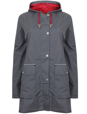Callalily Striped Shower Resistant Hooded Rain Coat in Navy / White - Northern Expo
