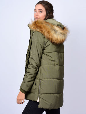 Oqena Quilted Parka Coat with Detachable Fur Trim Hood in Khaki - Tokyo Laundry