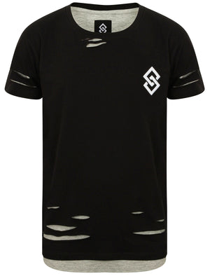 St Alpha Layered Longline T-Shirt with Rips in Jet Black - Saint & Sinner