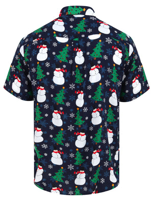 Horten Snowman / Xmas Tree Print Novelty Christmas Shirt in Evening Blue - Season’s Greetings