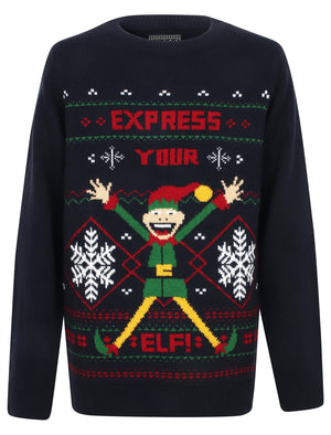 Boys Express Your Elf Novelty Christmas Jumper In Ink - Season's Greetings Kids (5-13yrs)