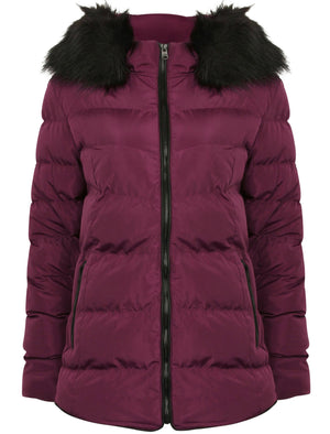 Adley Quilted Jacket with Detachable Fur Trim in Plum - Tokyo Laundry