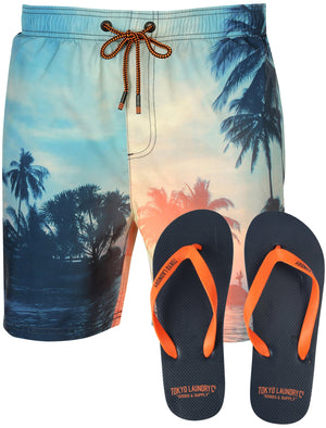 Beaumont Sunset Scene Printed Swim Shorts With Free Flip Flops - Tokyo Laundry