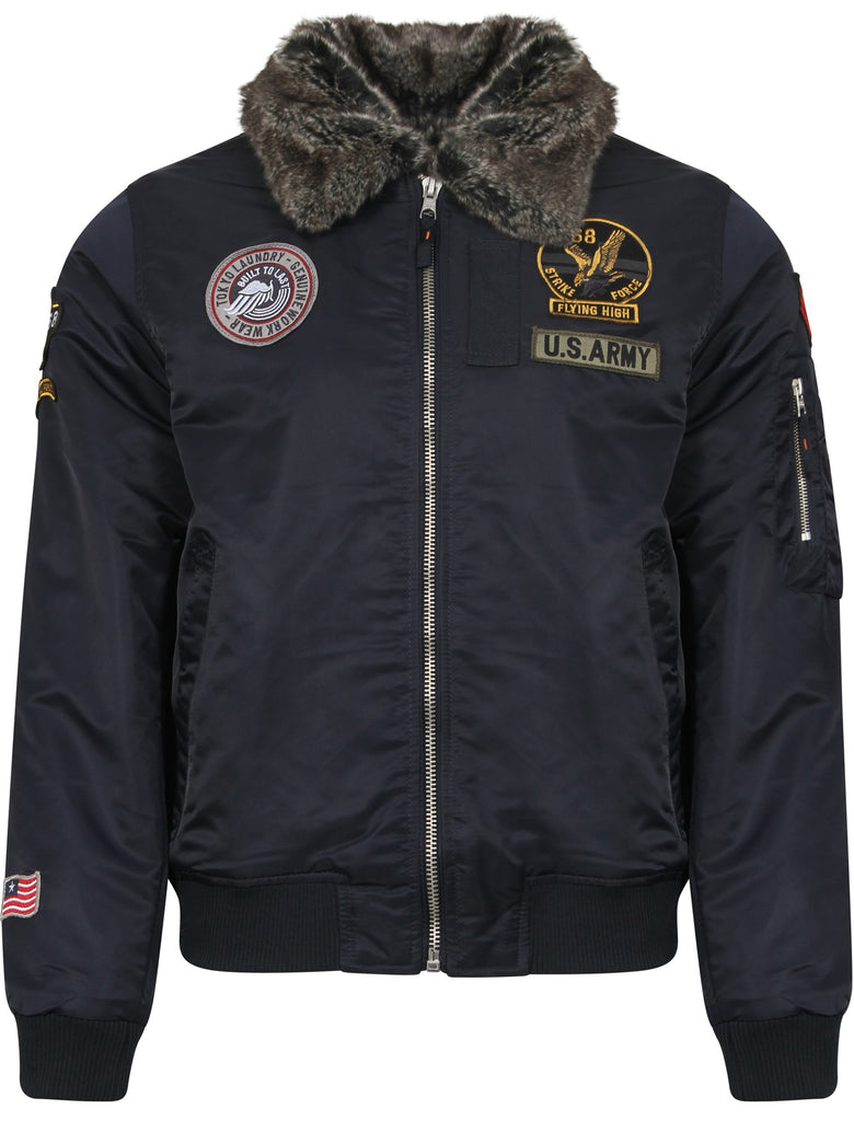 Benning Aviator Bomber Jacket With Fur Collar In True Navy Tokyo Lau Tokyo Laundry