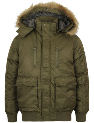 Creswick Padded Coat with Detachable Faux Fur Hood in Khaki - Tokyo Laundry