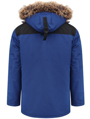 Haakon Colour Block Utility Parka Coat with Faux Fur Lined Hood in Sodalite Blue - Tokyo Laundry