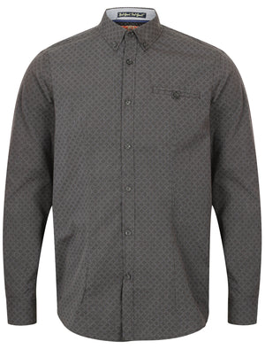 Hollington Long Sleeve Cotton Shirt with Geo Print in Charcoal - Tokyo Laundry