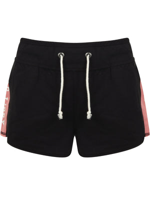 Lois Loopback Fleece Sweat Shorts with Printed Side Panels In Jet Black - Tokyo Laundry