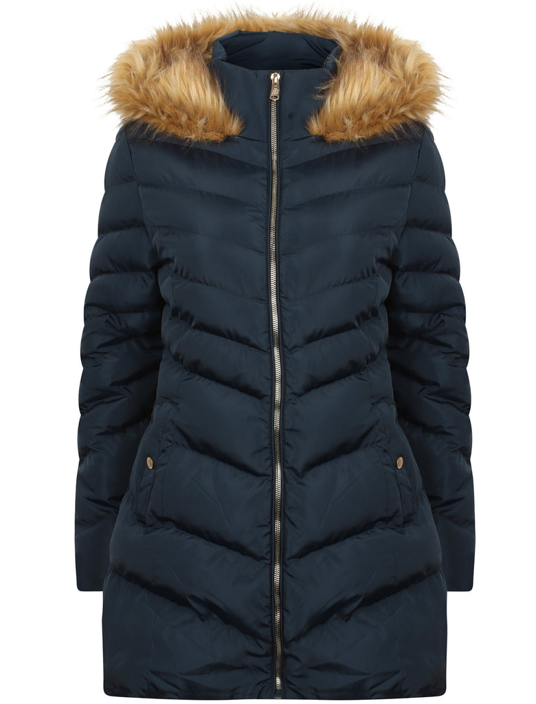 Lotus Longline Quilted Puffer Coat with Faux Fur Trim Hood in Navy T Tokyo Laundry