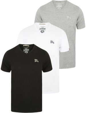 Lowe (3 Pack) V Neck Cotton T-Shirts in White / Grey Marl / Black - Tokyo Laundry