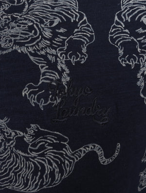 Oamaru Tiger Printed Cotton Slub T-Shirt In Iris Navy - Tokyo Laundry