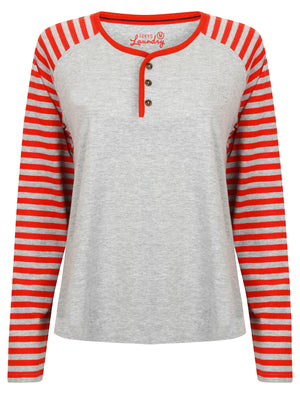 Phillipa Striped 2pc Cotton Lounge Set in Light Grey Marl / Red - Tokyo Laundry