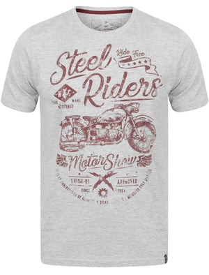 Steel Riders Motif Cotton Crew Neck T-Shirt In Light Grey Marl - Tokyo Laundry