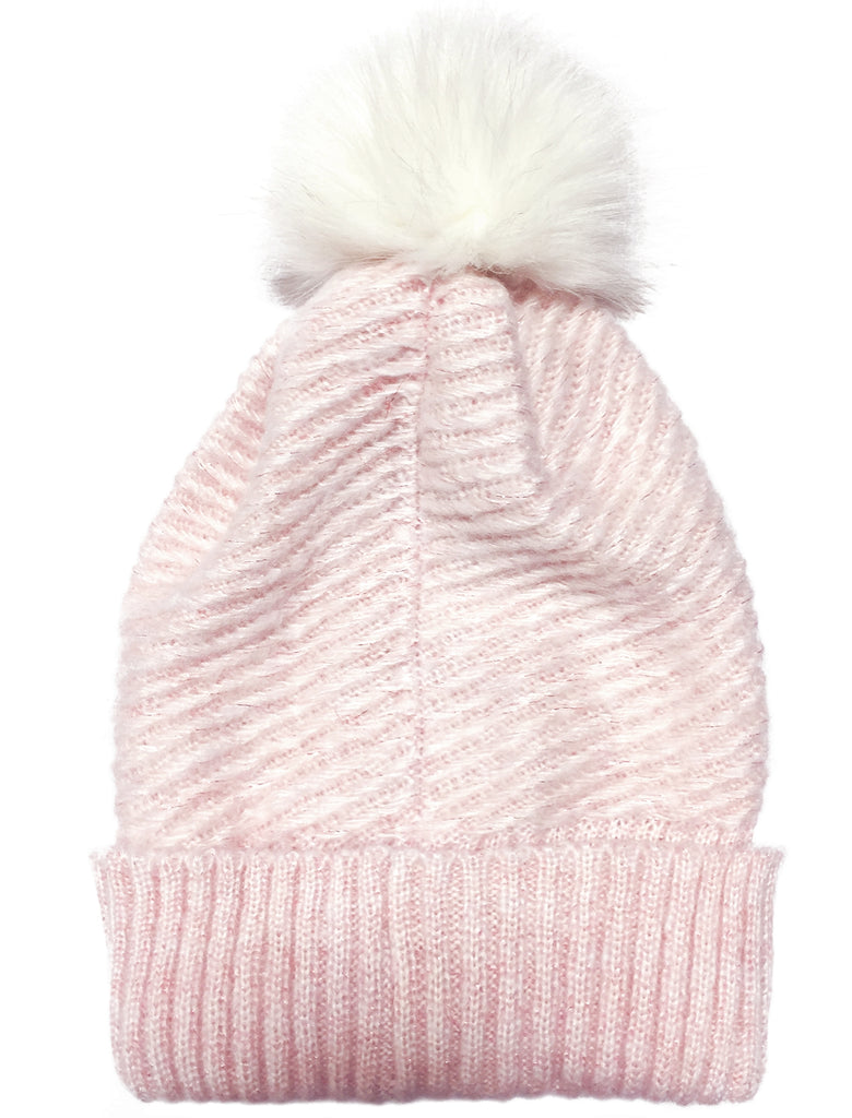Women's Taissa Soft Fluffy Diagonal Knit Bobble Hat in Pink