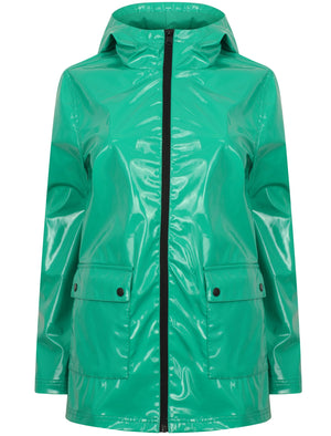 Shine Patent Hooded Rain Coat In Parakeet Green - Tokyo Laundry