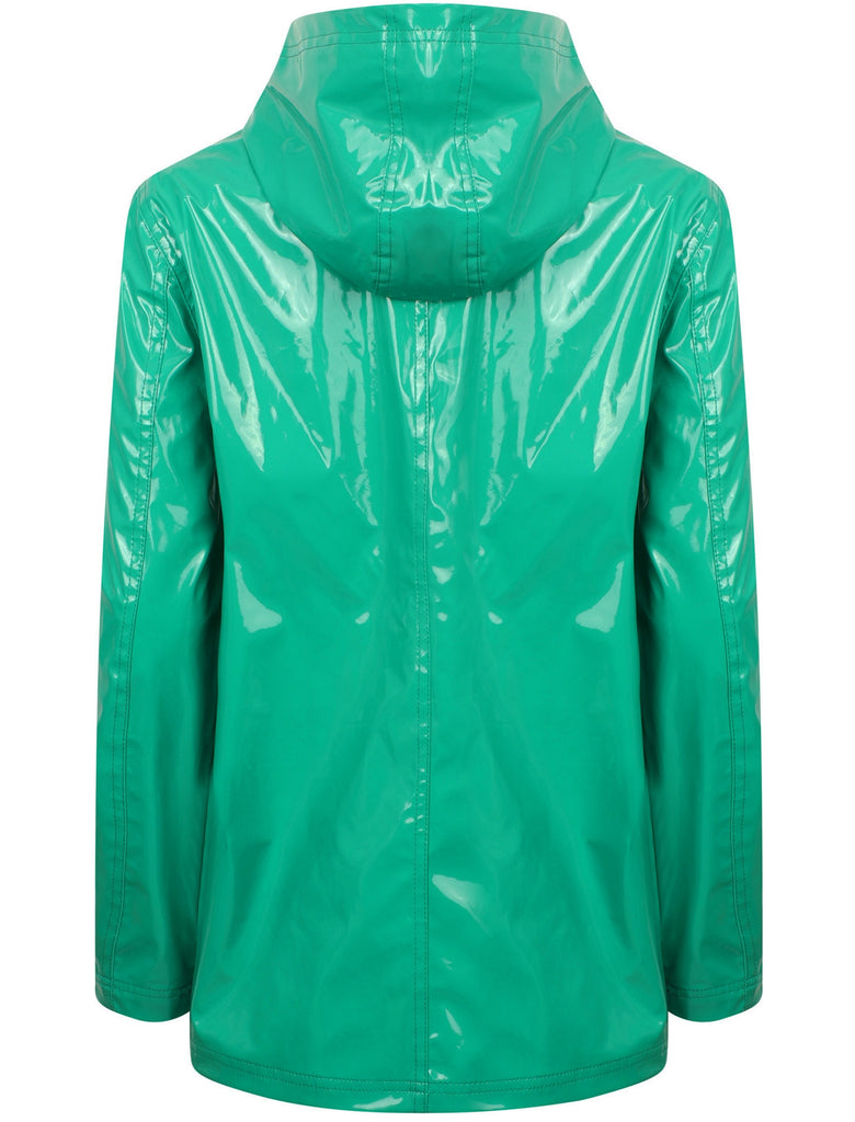 Shine Patent Hooded Rain Coat In Parakeet Green Tokyo Laundry