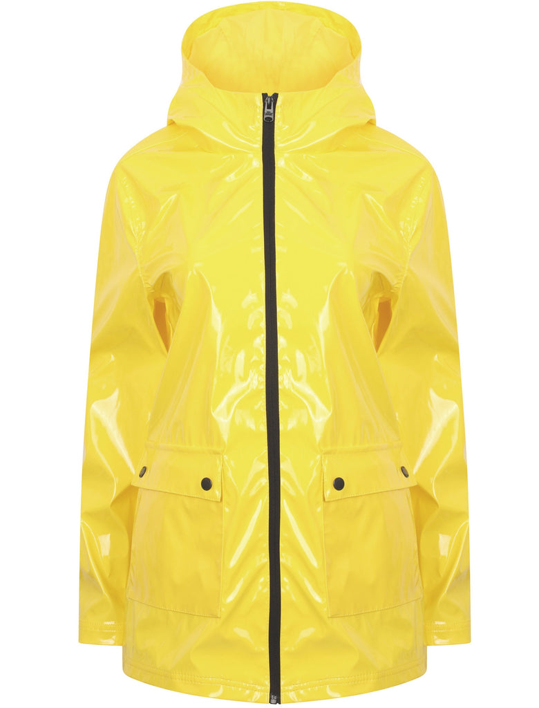 Shine Patent Hooded Rain Coat In Vibrant Yellow Tokyo Laundry