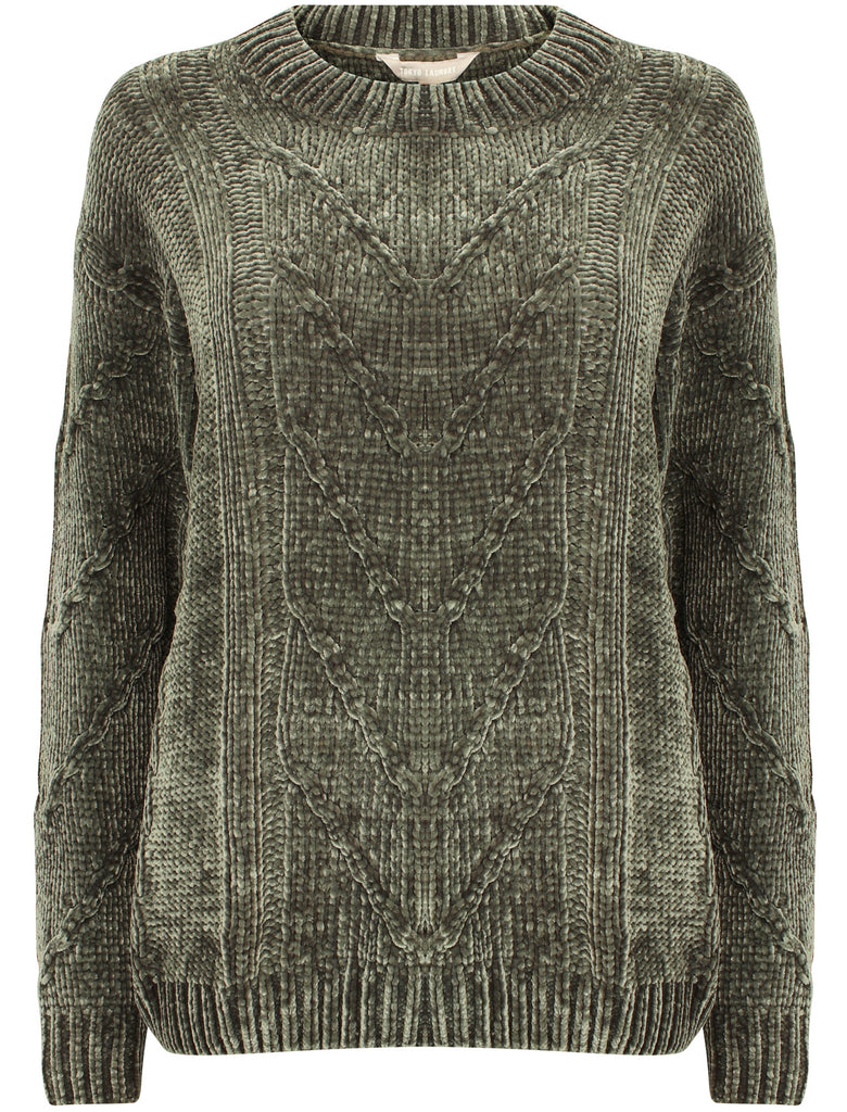 Yandel Chenille Cable Knit Jumper in Olive Khaki Tokyo Laundry