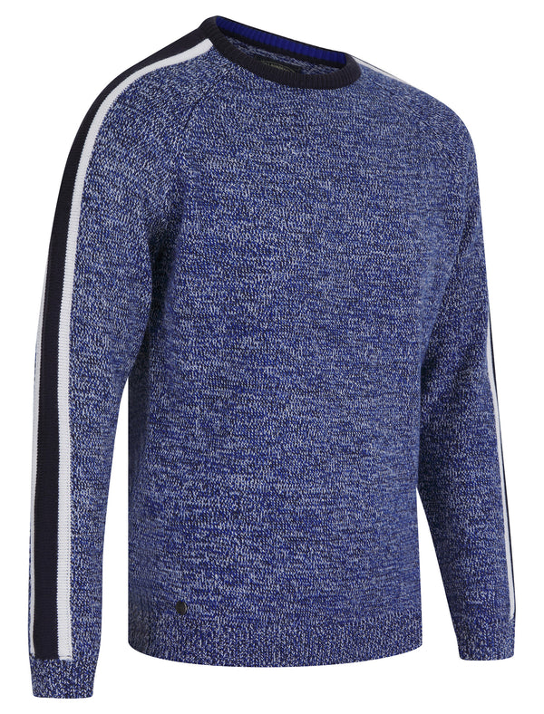 Flannery Knitted Crew Neck Jumper with Striped Sleeves in Mazarine Twist - Tokyo Laundry