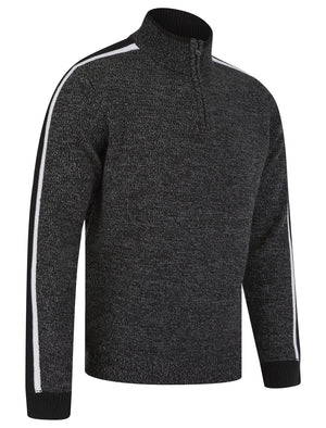 Tindle Quarter Zip Funnel Neck Knitted Jumper with Striped Sleeves in Jet Black / Mid Grey Marl Twist - Tokyo Laundry