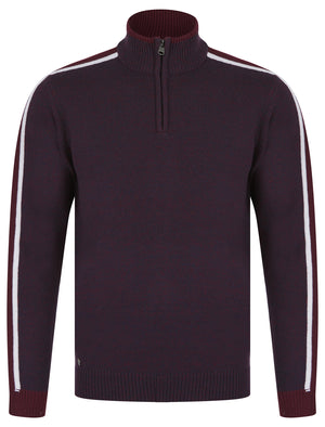 Tindle Quarter Zip Funnel Neck Knitted Jumper with Striped Sleeves in Sky Captain Navy / Port Royale Twist - Tokyo Laundry
