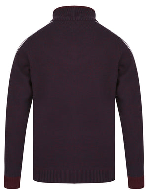 Tindle Quarter Zip Funnel Neck Knitted Jumper with Striped Sleeves in Sky Captain Navy / Port Royale Twist - Tokyo Laundry