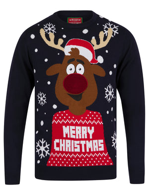 Men's Xmas Rudolph Motif LED Light Up Novelty Knitted Christmas Jumper in Ink - Merry Christmas