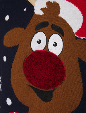 Men's Xmas Rudolph Motif LED Light Up Novelty Knitted Christmas Jumper in Ink - Merry Christmas