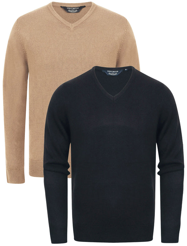 Marling (2 Pack) Soft Cashmillon Knitted V Neck Jumpers in Dark Navy / Taupe - Kensington Eastside