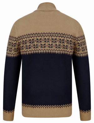 Remedy Quarter Zip Fair Isle Knit Funnel Neck Jumper in Camel - Kensington Eastside