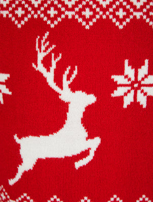 Men's Nordic Stag Wrapping Paper Pattern Novelty Knitted Christmas Jumper in George Red - Merry Christmas