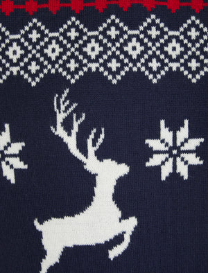 Men's Nordic Stag Wrapping Paper Pattern Novelty Knitted Christmas Jumper in Peacoat - Merry Christmas