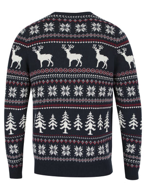 Men's Stag Jacquard Nordic Fair Isle Knitted Christmas Jumper in Navy - Merry Christmas