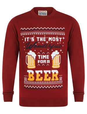 Men's Time For A Beer Novelty Knitted Christmas Jumper in Christmas Red - Merry Christmas