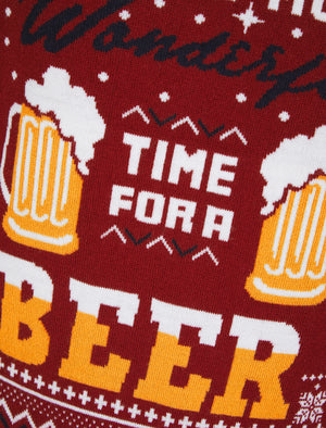 Men's Time For A Beer Novelty Knitted Christmas Jumper in Christmas Red - Merry Christmas