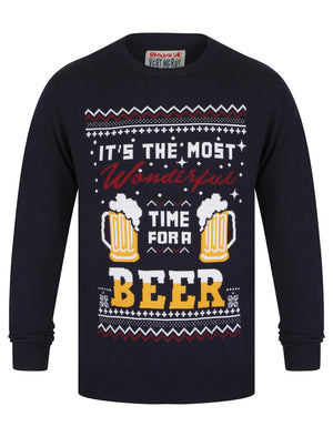 Men's Time For A Beer Novelty Knitted Christmas Jumper in Ink - Merry Christmas